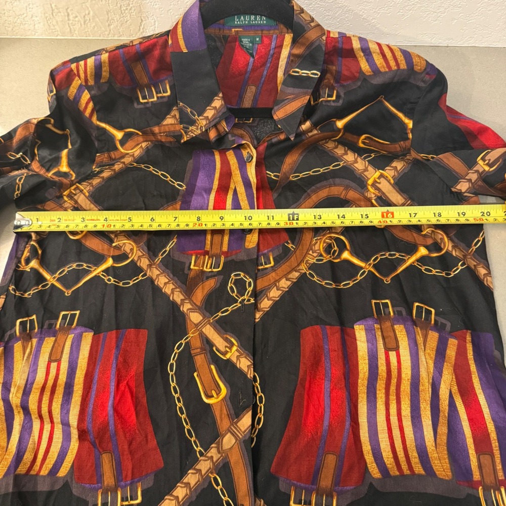Lauren Ralph Lauren Womens Medium Cotton Equestrian Chain Belt Print Shirt Black - Picture 5 of 6